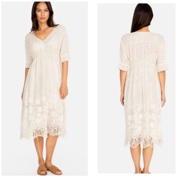 Johnny Was Ambre Midi Dress Embroidery Eyelet Empire Waist Ivory Cream L